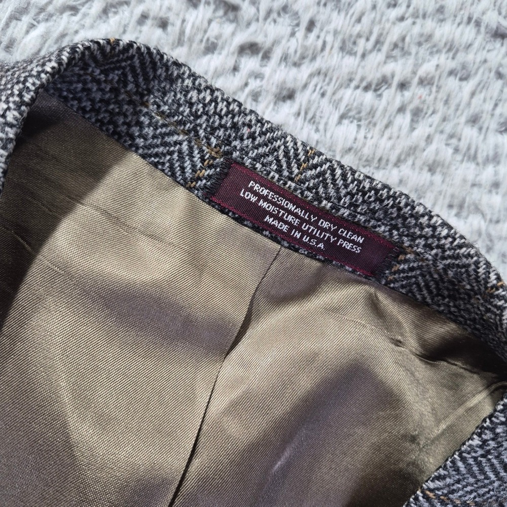 Evan-Picone Pure Wool Blazer 38L Mens Grey Herringbone Windowpane Sport Coat VTG - Picture 2 of 8